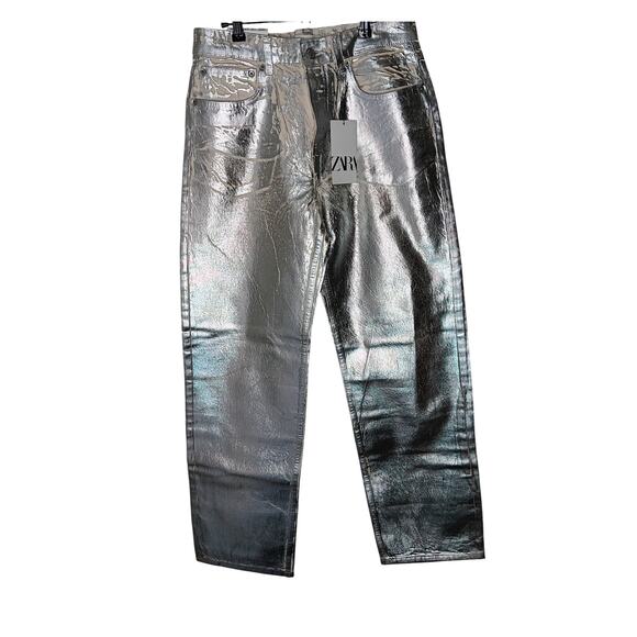 Zara Silver Metallic Pants The Boy Boy Fit Size 8 (EUR 40) Straight Leg Mid Rise - Picture 3 of 14